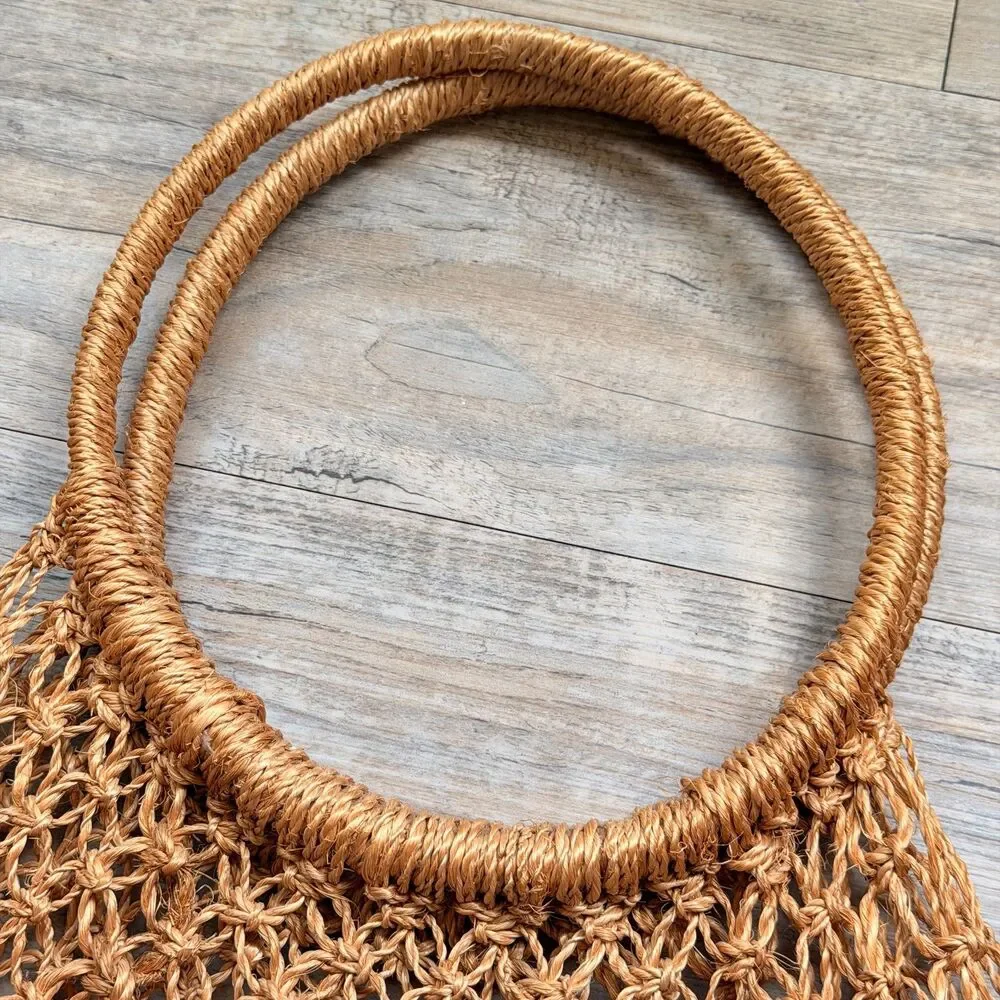 Vintage 1970s Macrame Market Bag Boho Jute Crochet Net Shopper Beach Tote Hippie
